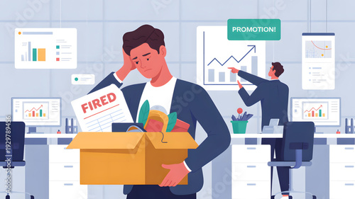 Man holding box getting fired from office.