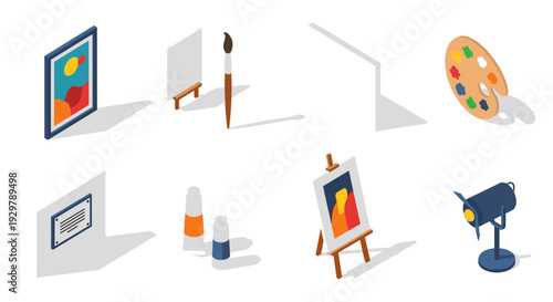Creative art studio elements in isometric style with easel, canvas, and paint tools