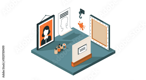 Isometric art gallery with empty frames and portraits in minimalist design