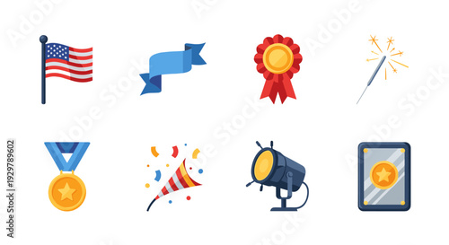Set of festive icons with american flag, ribbon, medal, and more