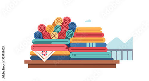 Colorful folded blankets and towels on a shelf in modern flat style with mountain view