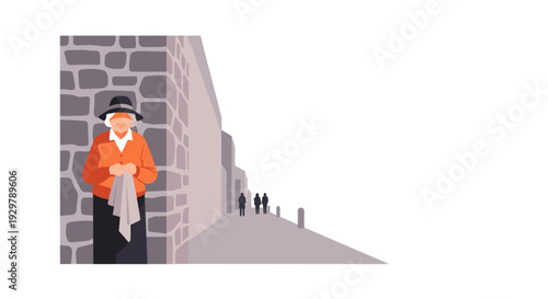 Elderly woman knitting by stone wall in urban setting with minimalist design