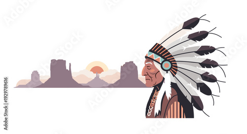 Native american elder with feather headdress overlooking monument valley at sunset