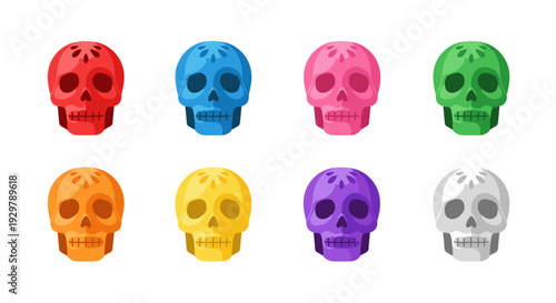Colorful sugar skulls set on white background featuring eight vibrant fiesta designs