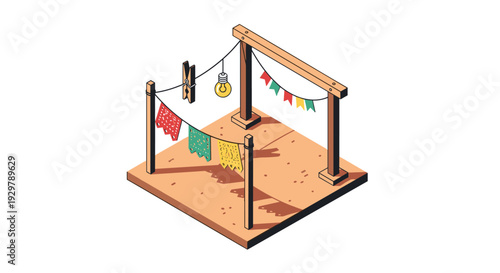 Colorful isometric fiesta scene with bunting and festival lights