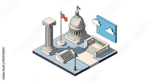Isometric government building with dome and columns in a minimalist urban landscape