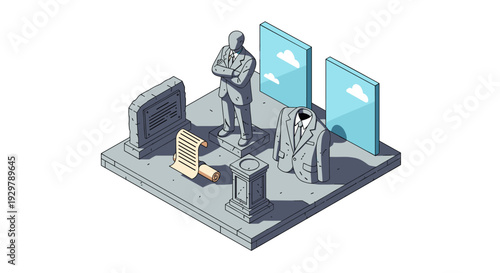 Isometric memorial design with statue, plaque, and historical artifacts