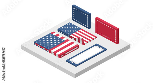 Isometric design of american flag themed books and boxes on display