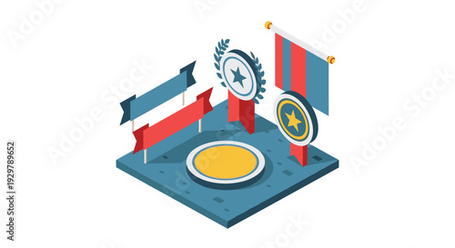 Isometric 3d platform with banners and medals for awards and achievements