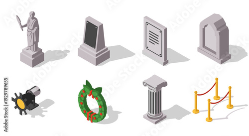 Isometric monuments and decorations: classical and modern sculptures with festive elements