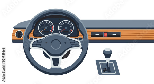 Vintage car dashboard with steering wheel and gear shift in retro style