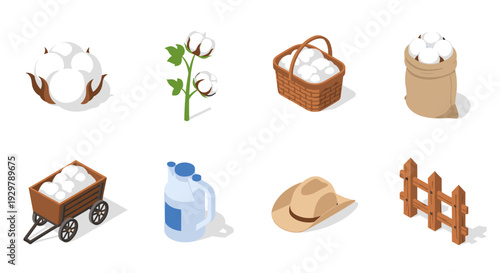 Isometric farm elements: cotton plant, harvest tools, and accessories