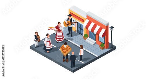 Isometric street performance with musicians and dancers in traditional attire