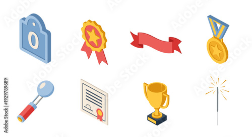 Set of isometric award icons: trophy, medal, badge, certificate, ribbon, sparkler