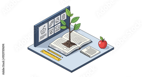 Creative education concept with growth in open book isometric design