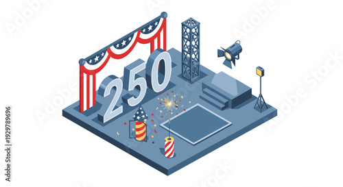 Celebrating 250 with stage and fireworks in isometric patriotic theme