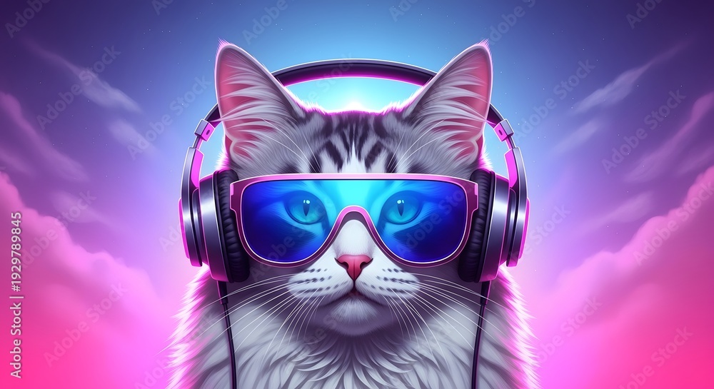 Fototapeta premium Cool cat wearing sunglasses and headphones in vibrant neon colors