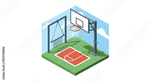Isometric basketball court with blue sky and clouds in geometric design