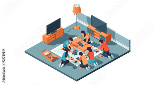 Family bonding activity in isometric living room scene with puzzle game