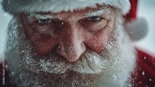 Close-up of Santa's face, covered in snow and frost, with piercing blue eyes