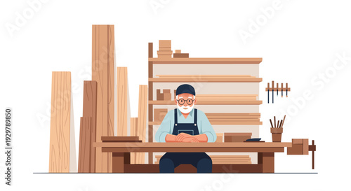 Cozy workshop with senior carpenter in apron surrounded by wooden planks and tools