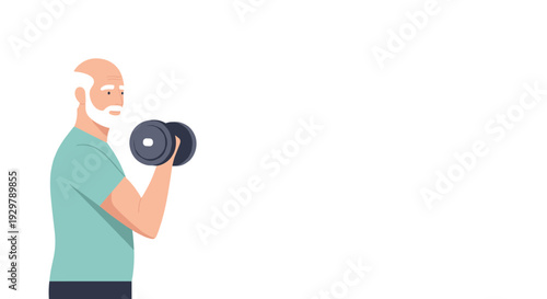 Senior man exercising with dumbbells for fitness and health in a minimalist cartoon style