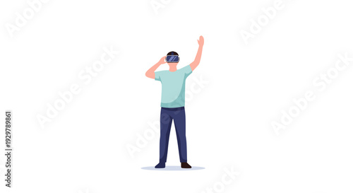 Man experiencing virtual reality with headset in minimalist style on white background
