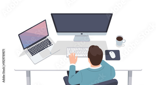 Isometric office workspace with laptop and desktop monitors