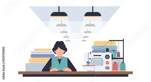 Seamstress working in modern workshop with sewing machine and fabrics