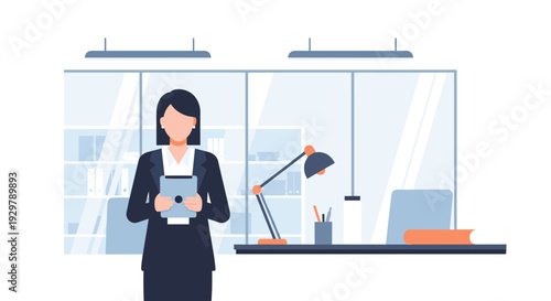 Businesswoman using tablet in modern office with minimalist design and interior decor elements