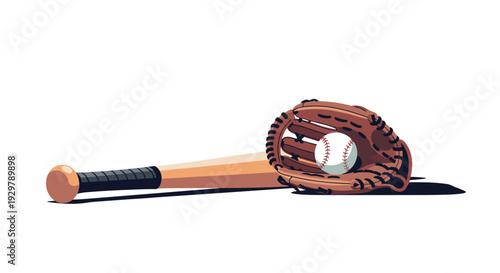 Dynamic baseball gear: glove, bat, and ball in modern illustration style