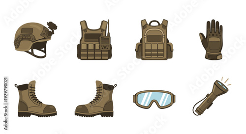 Military gear set: helmet, vest, boots, and accessories in flat design