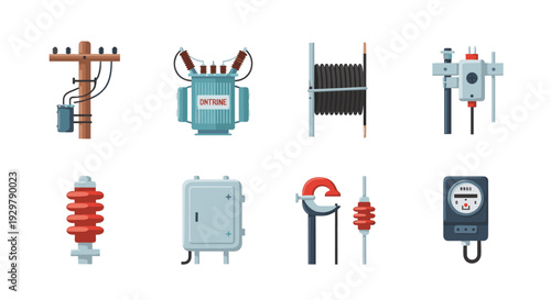 Set of electrical equipment icons: transformers, cables, and meters in flat design