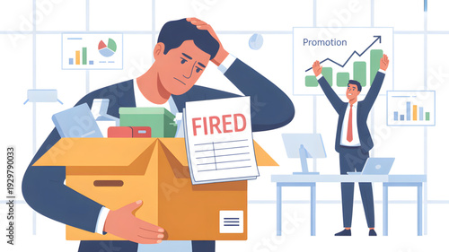 Man holding box getting fired from job.