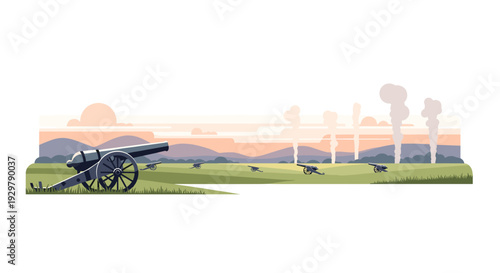 Vintage artillery landscape with cannons at sunset