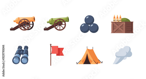 Colorful military camp icons: cannons, tents, and flags in flat style
