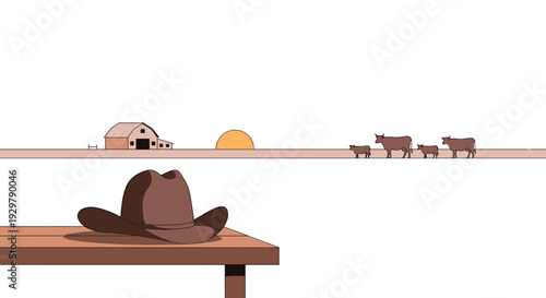 Rural scene with cowboy hat and cows at sunset on farm