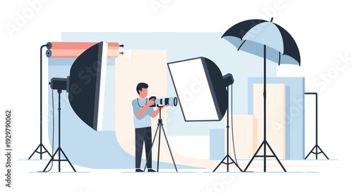 Professional photography studio setup with equipment and photographer at work