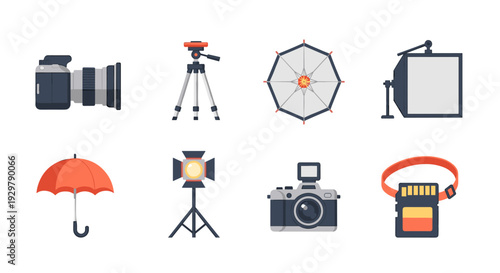 Photography equipment icons: cameras, tripods, lights, and accessories