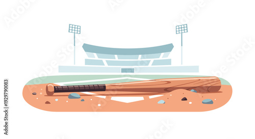 Baseball bat on field with stadium background in flat design