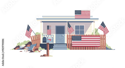 Patriotic house with american flags in minimalist style