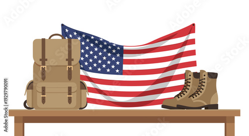 Backpack and boots on table with waving american flag background