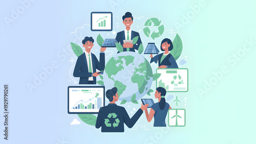 Business people discuss eco friendly strategies.