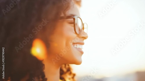 Close-up profile of a smiling young woman with curly hair and glasses, looking right