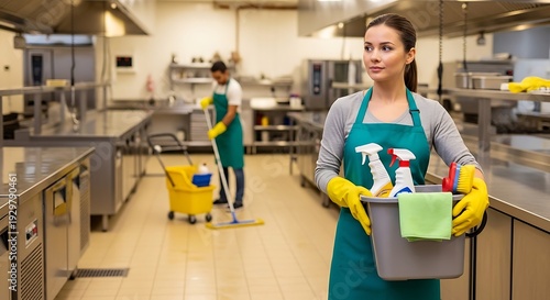 Two people, one holding a cleaning bucket, the other mopping, in a commercial kitchen