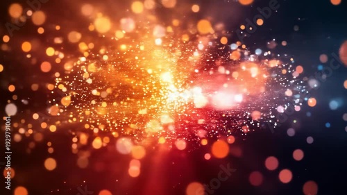 Dynamic burst of warm sparkling bokeh light, scattering particles across a color gradient
