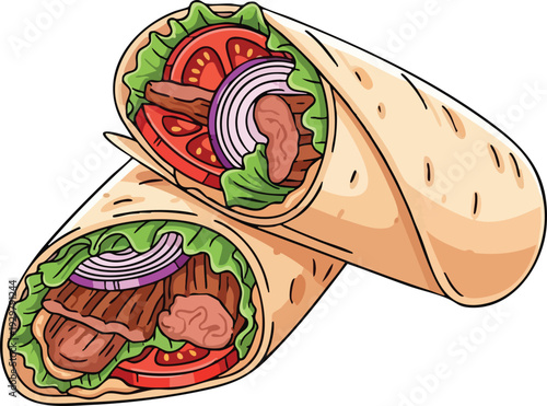 Delicious Meat Wraps with Fresh Vegetables Cartoon Illustration.