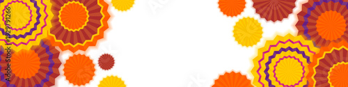 Festive celebration horizontal banner with colorful paper fans and copy space, mexican fiesta party frame, vibrant pleated paper rosettes border on white background, decorative summer event header vec