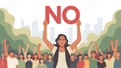 Woman holding no sign protest crowd.