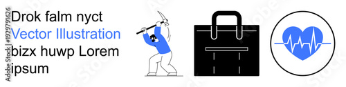 Workplace motivation, physical labor, business essentials, health awareness, fitness tracking, productivity. A person with a pickaxe, briefcase and heartbeat symbol. Labor and workplace motivation